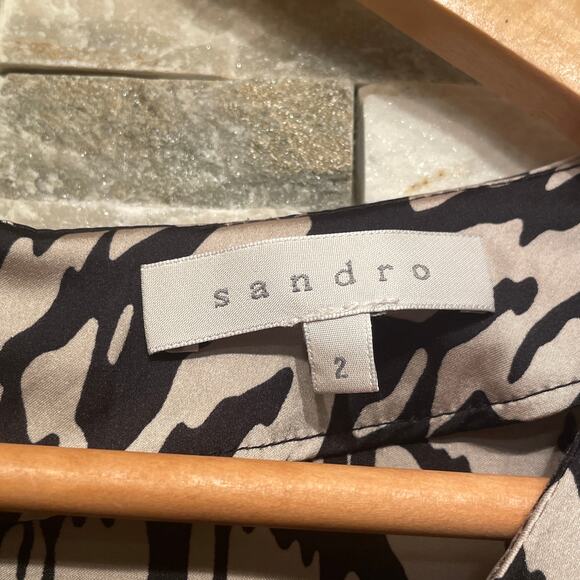 Sandro Paris Printed Black + Cream Silk Mini Dress 2 | Pockets Studded Rare NWOT - Picture 5 of 15